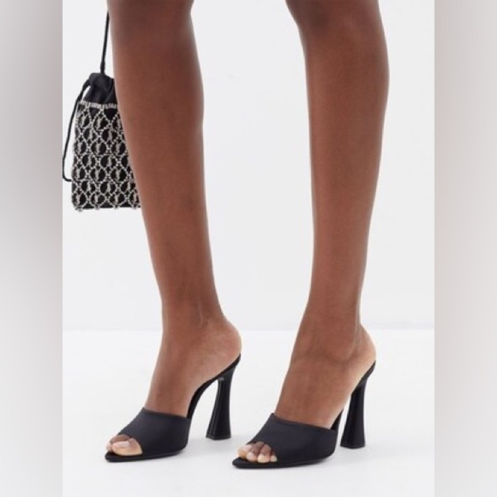 Saint Laurent Black Leather Open-Toe Mule with Sculpted Brown Heel - Picture 3 of 6